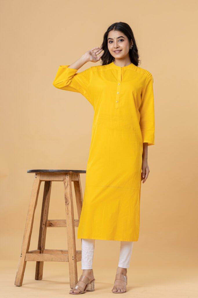 Women Yellow Solid Straight Pintuck Cotton Kurti