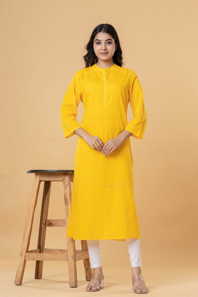 Women Yellow Solid Straight Pintuck Cotton Kurti