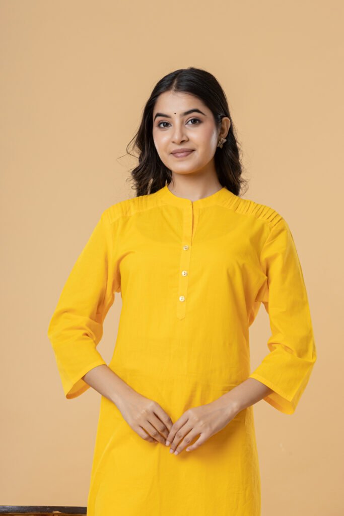 Women Yellow Solid Straight Pintuck Cotton Kurti