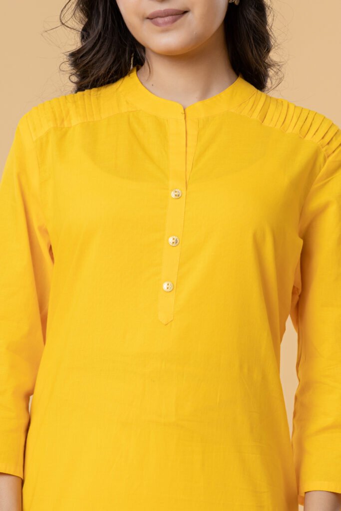 Women Yellow Solid Straight Pintuck Cotton Kurti