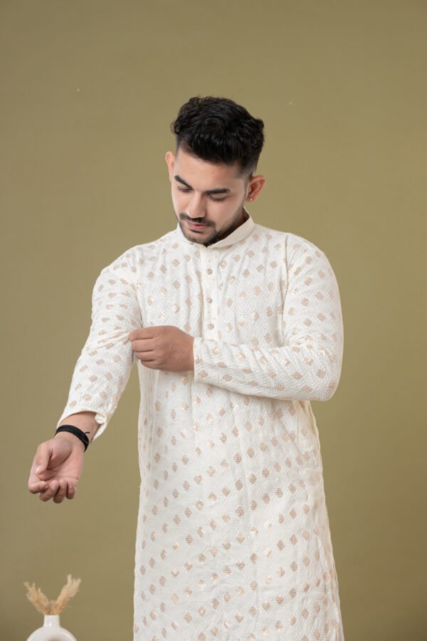 Men's Off-White Golden Jacquard Festive Kurta with White Pajama