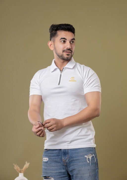 Men's White Cotton Zipper Polo T-Shirt