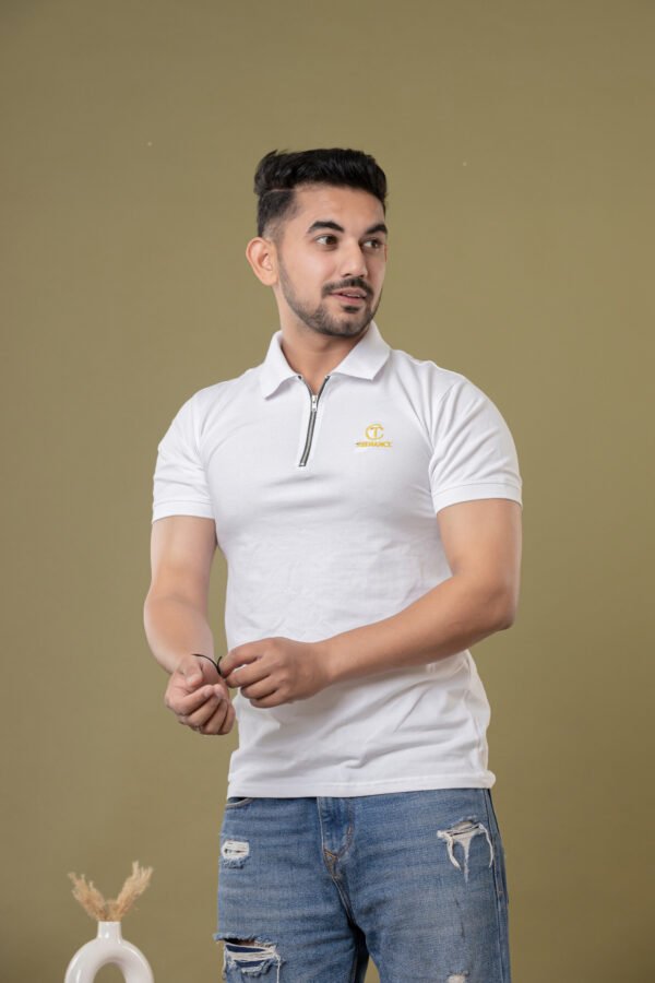Men's White Cotton Zipper Polo T-Shirt