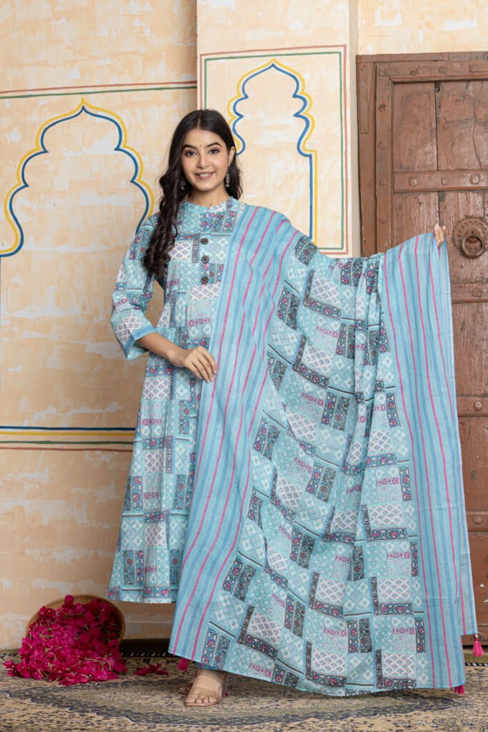 Anarkali Cotton Kurta Pant Dupatta Set