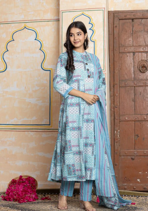 Anarkali Cotton Kurta Pant Dupatta Set