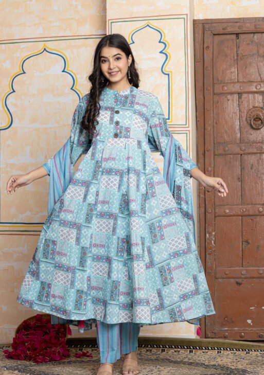 Anarkali Cotton Kurta Pant Dupatta Set