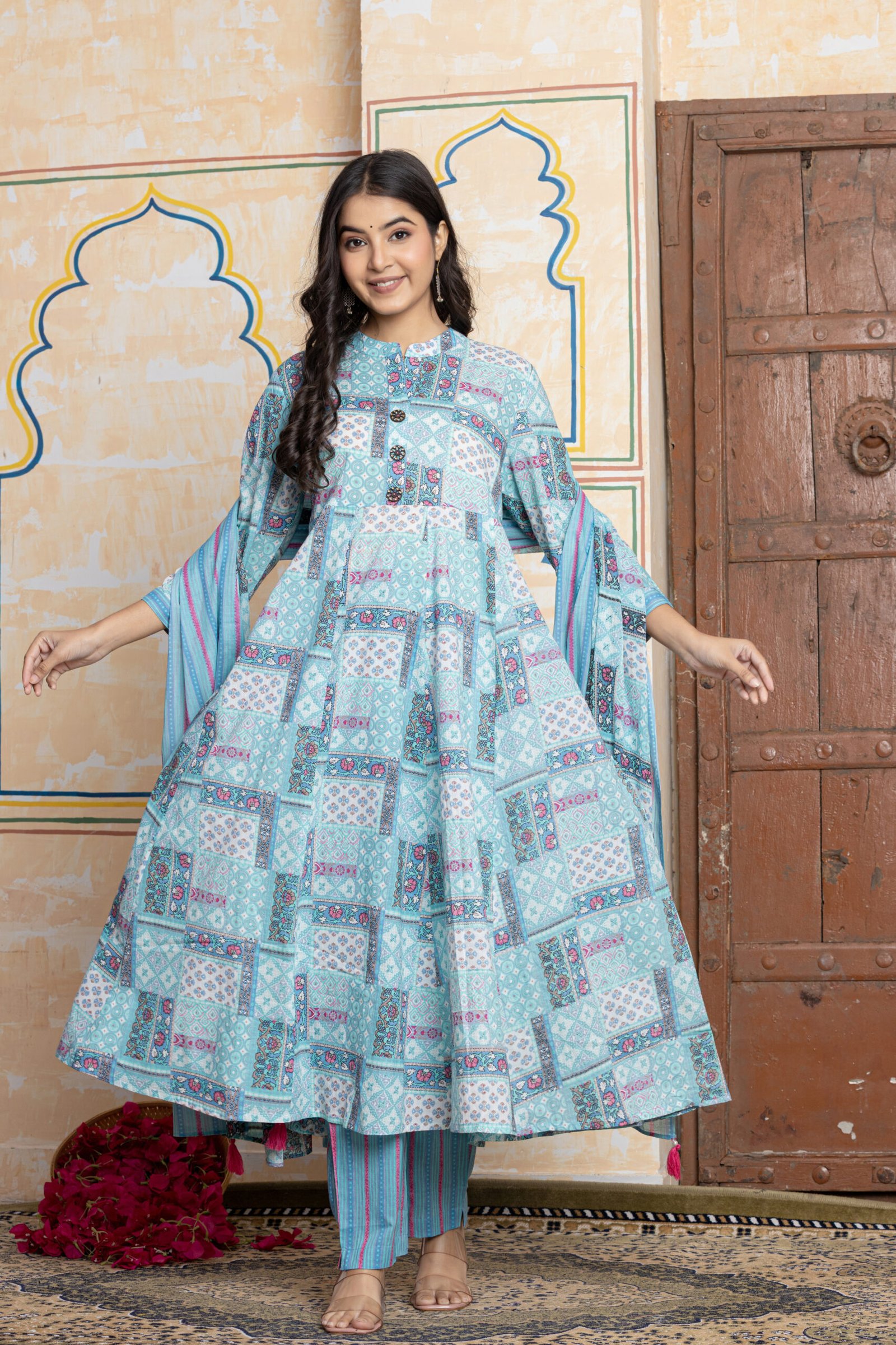 Anarkali Cotton Kurta Pant Dupatta Set