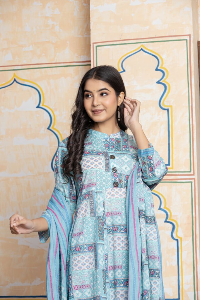 Anarkali Cotton Kurta Pant Dupatta Set
