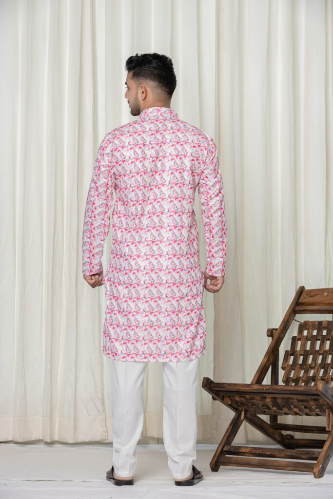 Men's Pink & White Abstract Print Cotton Kurta Pyjama Set