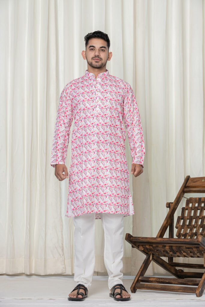 Men's Pink & White Abstract Print Cotton Kurta Pyjama Set