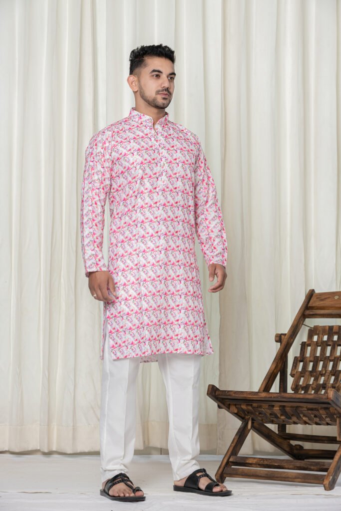 Men's Pink & White Abstract Print Cotton Kurta Pyjama Set