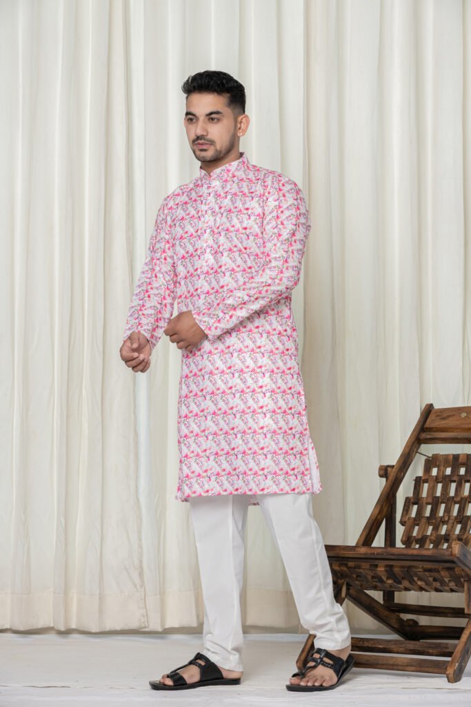 Men's Pink & White Abstract Print Cotton Kurta Pyjama Set