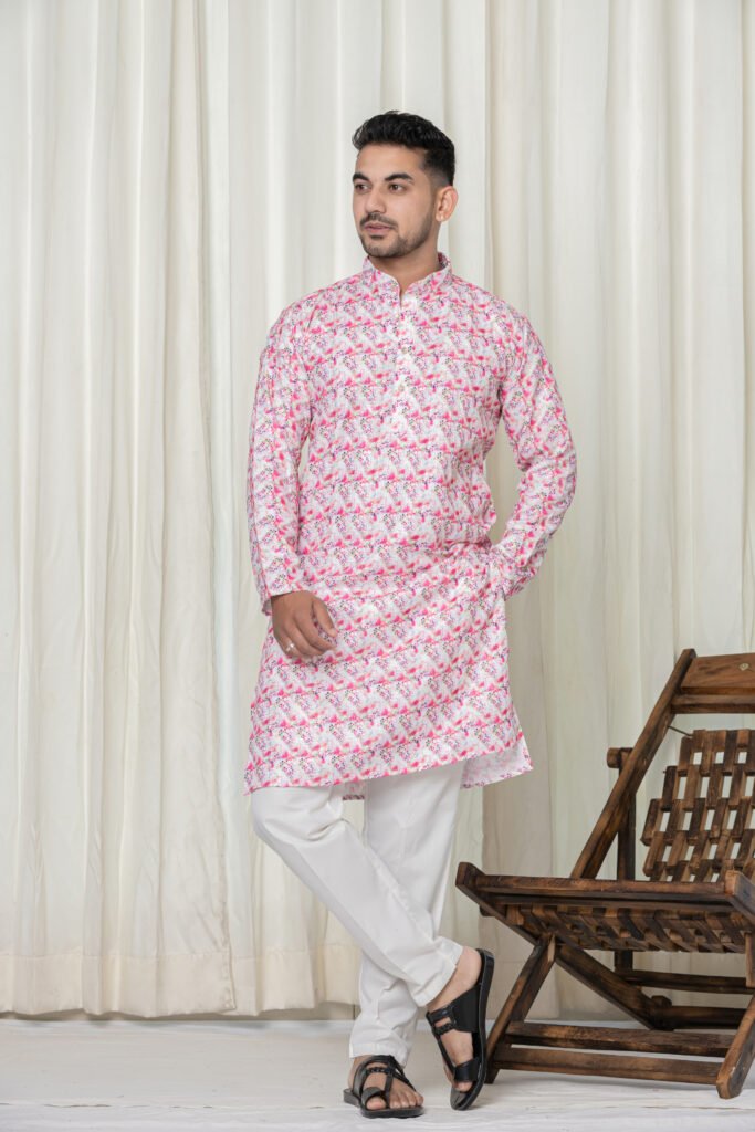 Men's Pink & White Abstract Print Cotton Kurta Pyjama Set