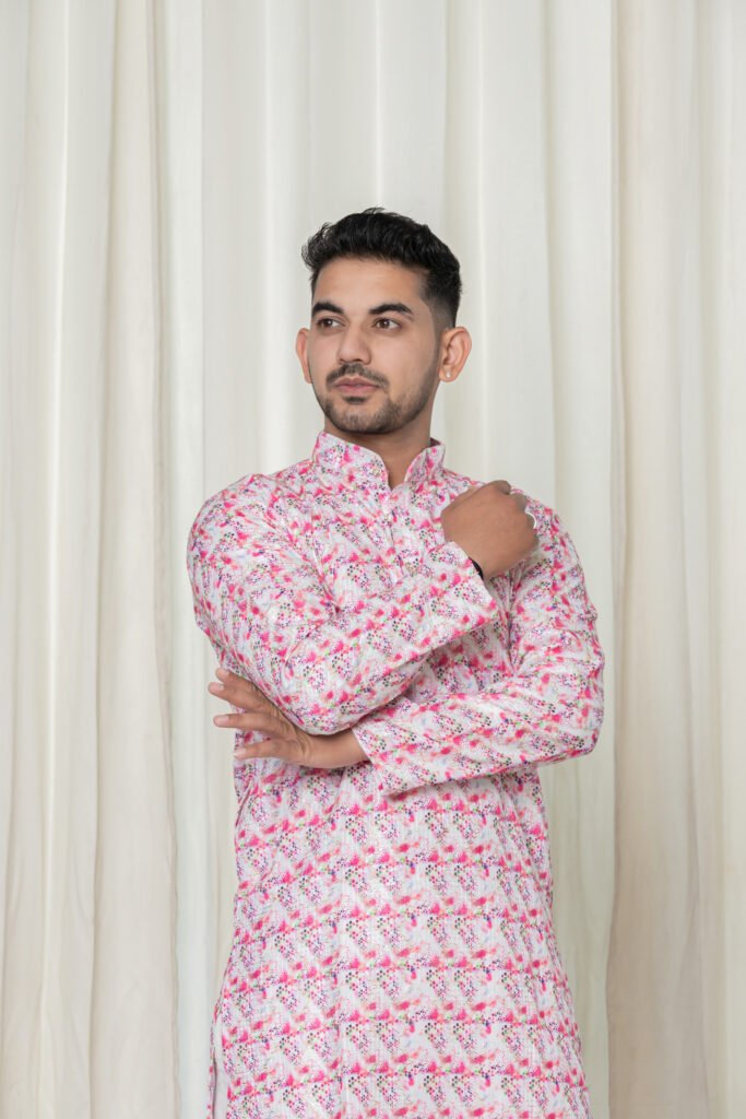 Men's Pink & White Abstract Print Cotton Kurta Pyjama Set