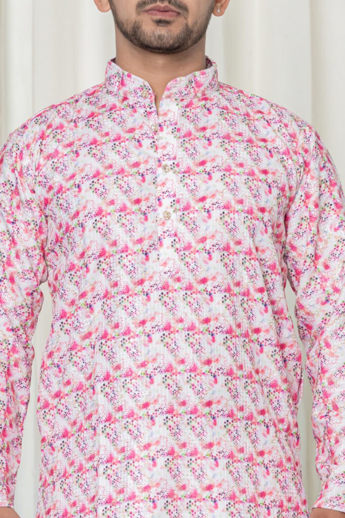 Men's Pink & White Abstract Print Cotton Kurta Pyjama Set
