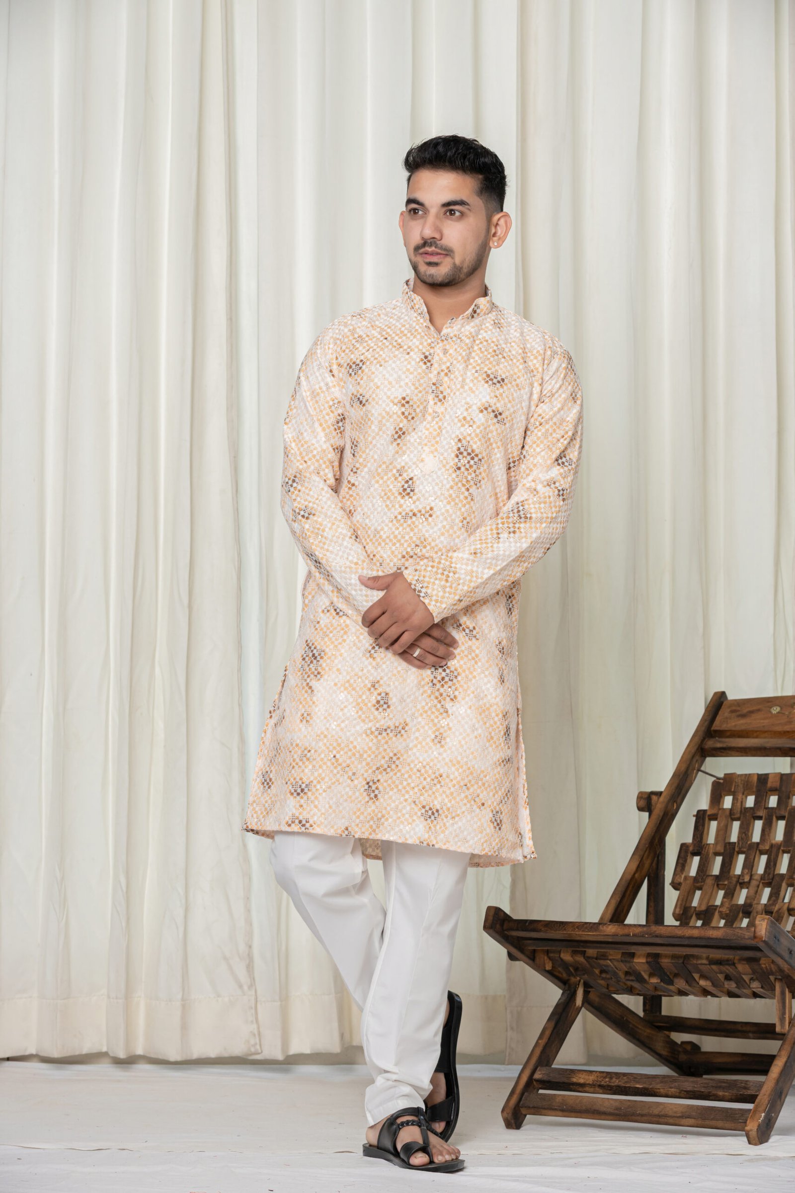 Men's Orange & White Jacquard Printed Kurta with White Pajama