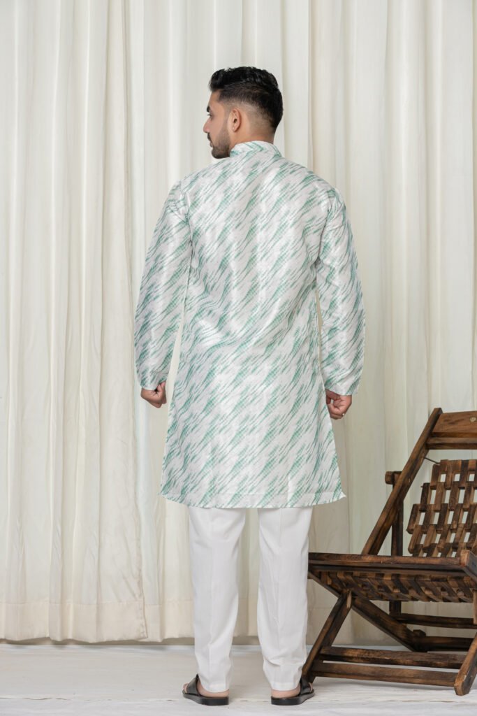Men's White & Light Green Abstract Jacquard Kurta with White Pajama Set
