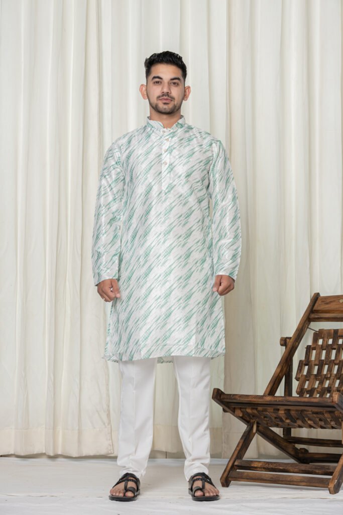Men's White & Light Green Abstract Jacquard Kurta with White Pajama Set