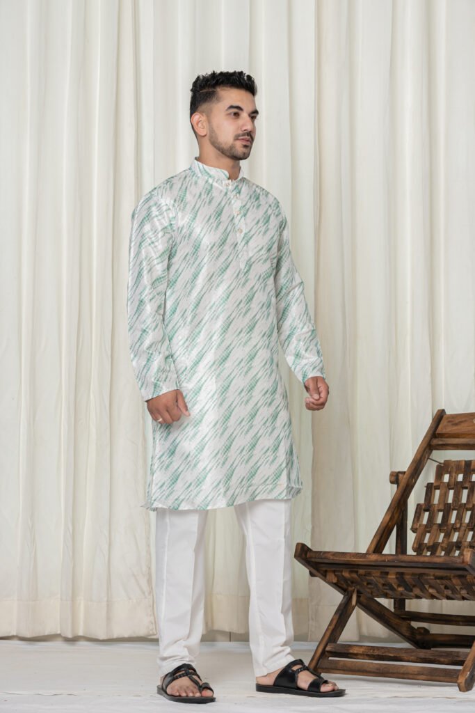 Men's White & Light Green Abstract Jacquard Kurta with White Pajama Set