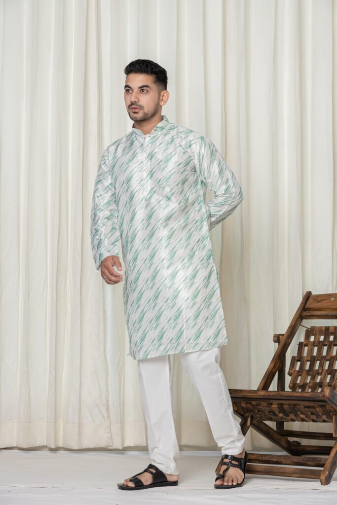 Men's White & Light Green Abstract Jacquard Kurta with White Pajama Set