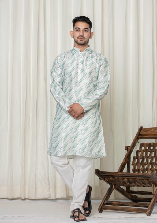 Men's White & Light Green Abstract Jacquard Kurta with White Pajama Set
