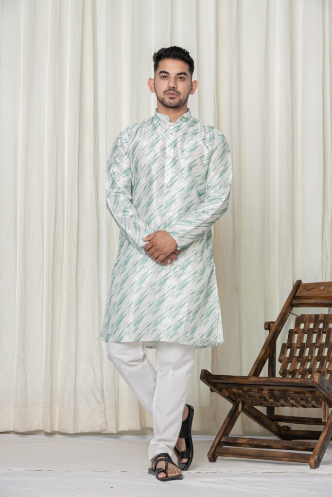 Men's White & Light Green Abstract Jacquard Kurta with White Pajama Set
