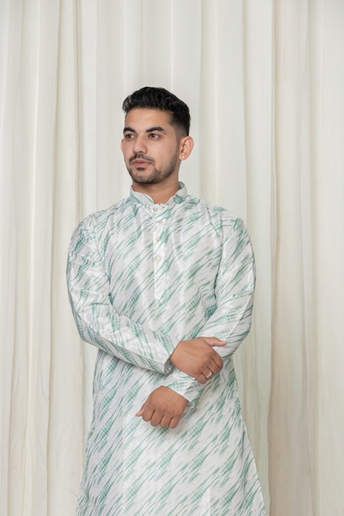 Men's White & Light Green Abstract Jacquard Kurta with White Pajama Set