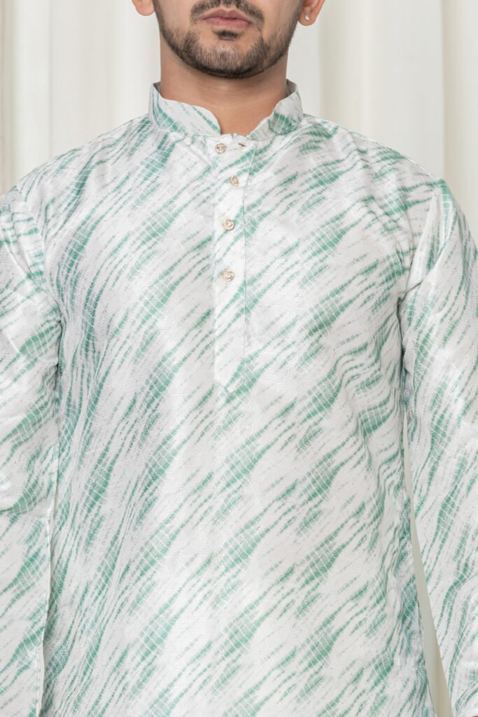 Men's White & Light Green Abstract Jacquard Kurta with White Pajama Set