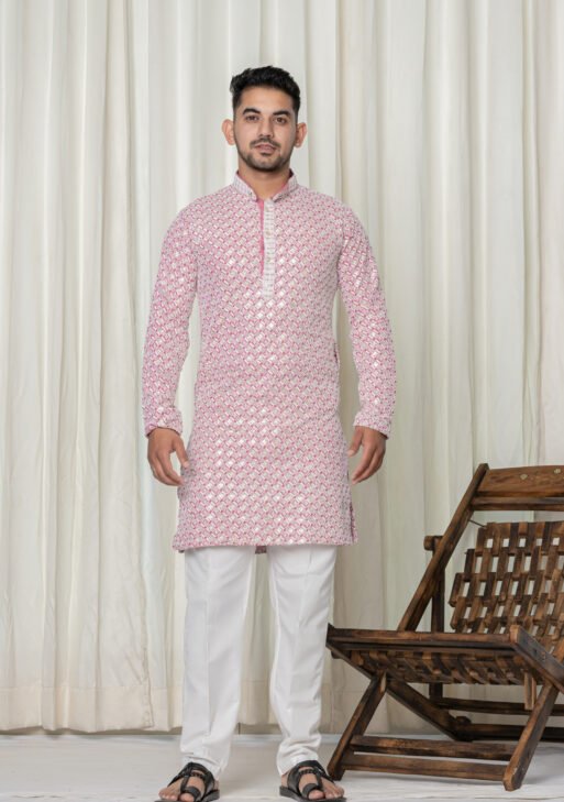 Pink & White Jacquard Printed Kurta with White Pajama