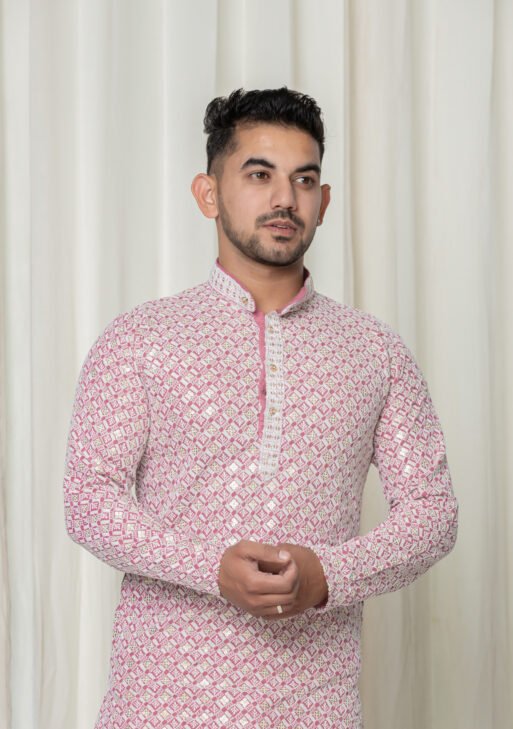 Pink & White Jacquard Printed Kurta with White Pajama