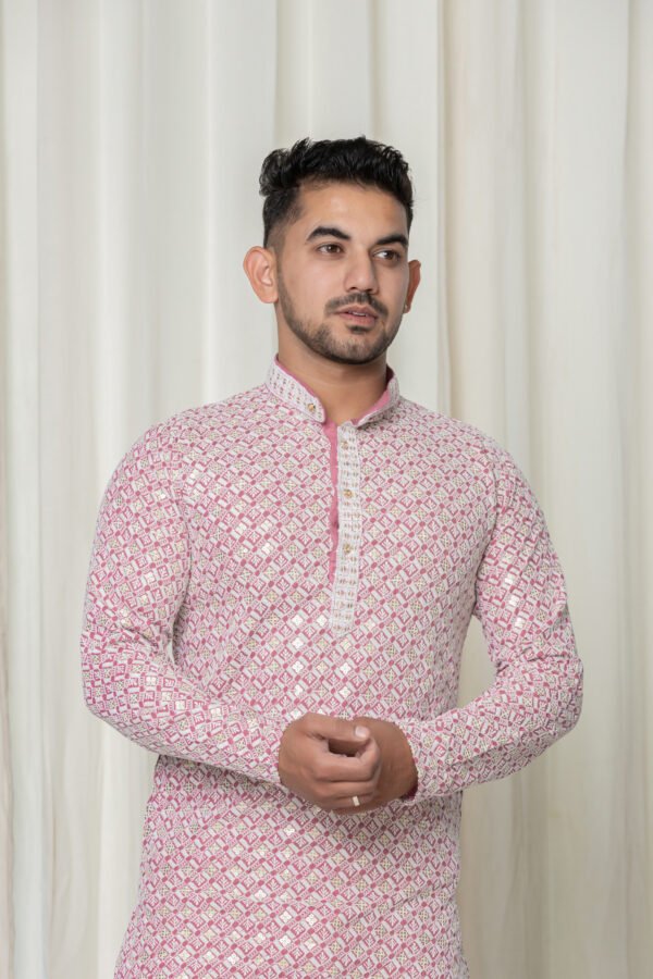 Pink & White Jacquard Printed Kurta with White Pajama