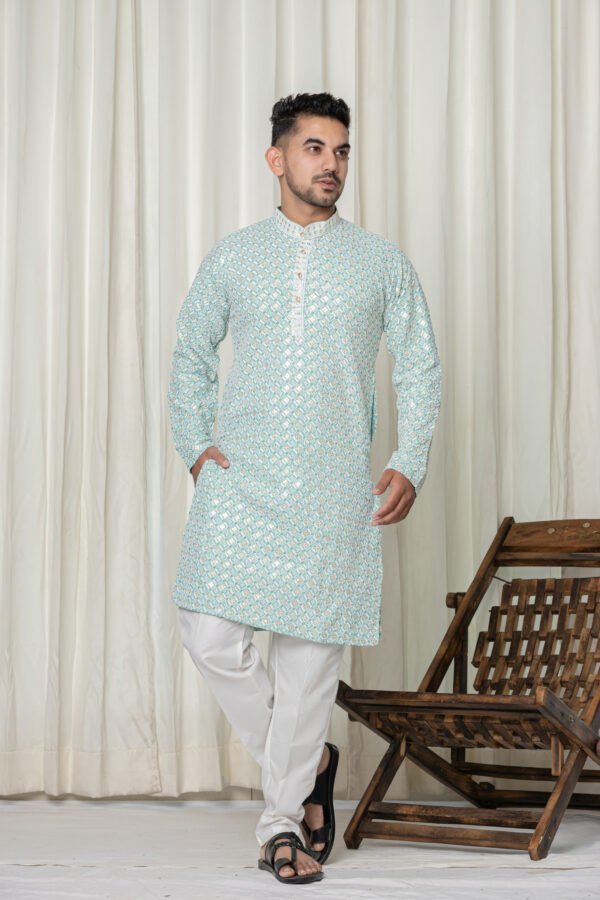 Mint Green Jacquard Kurta with White Pajama