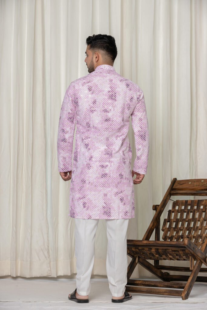 Men's Light Pink Jacquard Kurta with White Pajama