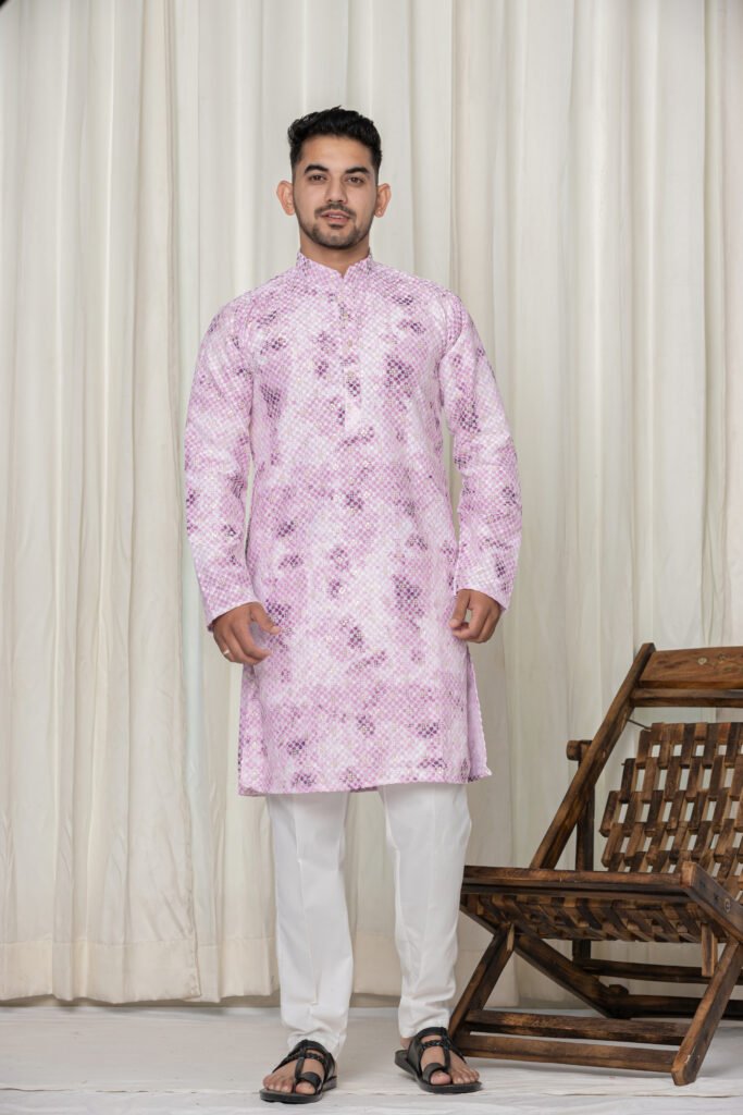 Men's Light Pink Jacquard Kurta with White Pajama