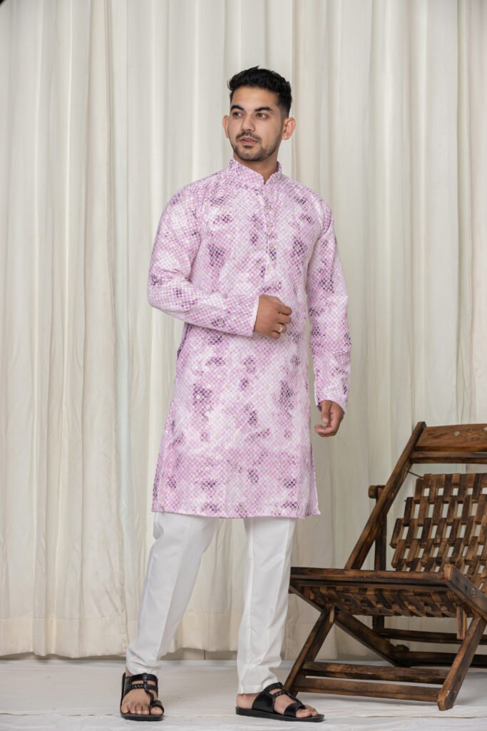 Men's Light Pink Jacquard Kurta with White Pajama