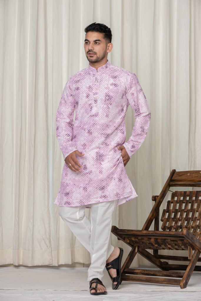 Men's Light Pink Jacquard Kurta with White Pajama