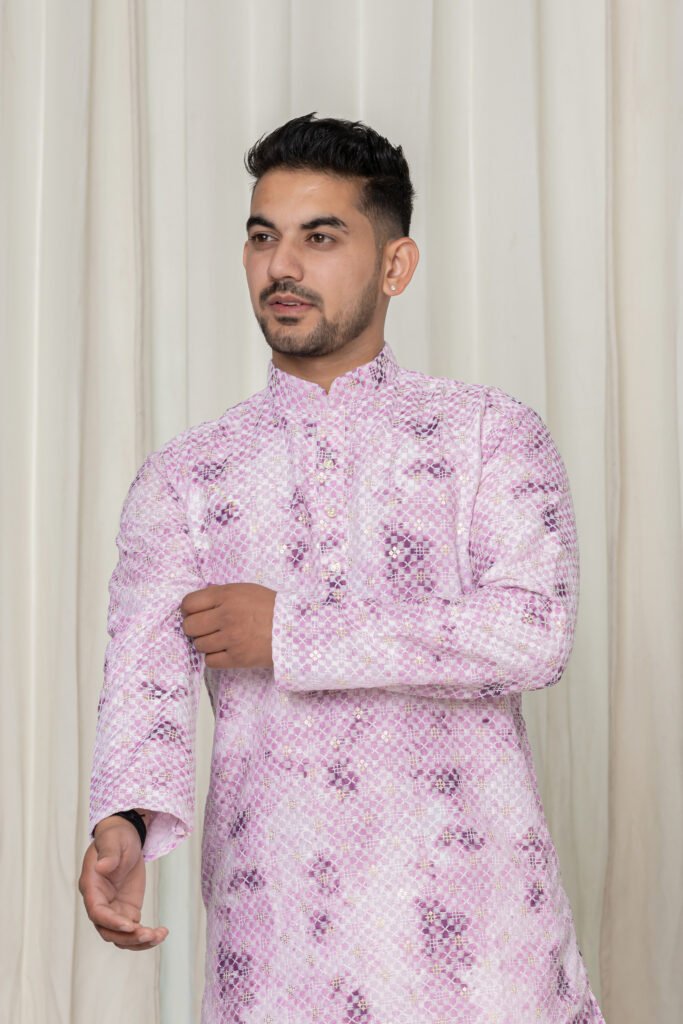 Men's Light Pink Jacquard Kurta with White Pajama