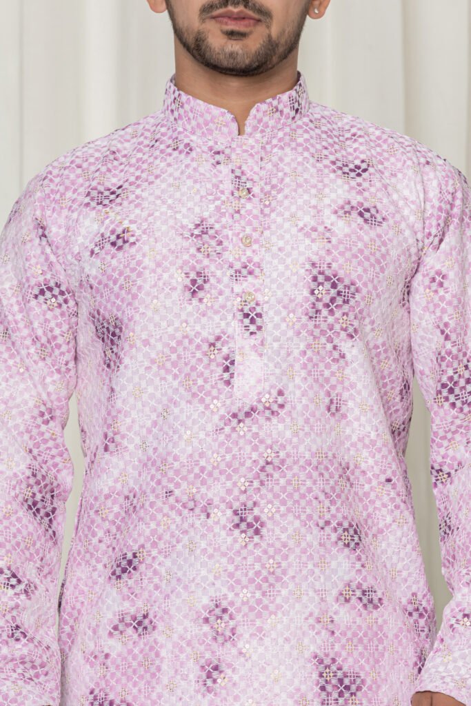 Men's Light Pink Jacquard Kurta with White Pajama
