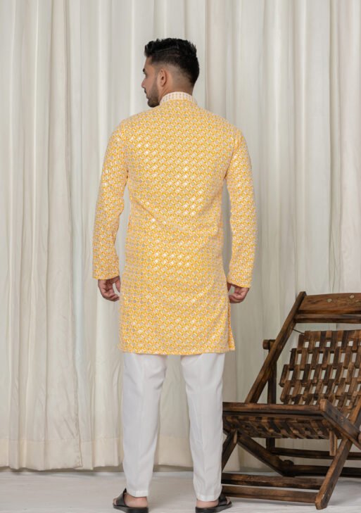 Men's Yellow & White Jacquard Festive Kurta with White Pajama