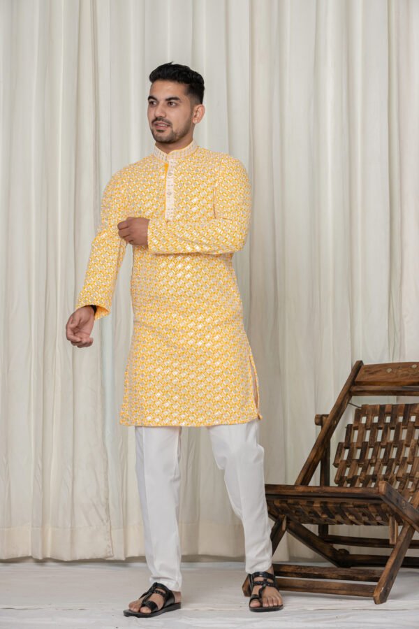 Men's Yellow & White Jacquard Festive Kurta with White Pajama