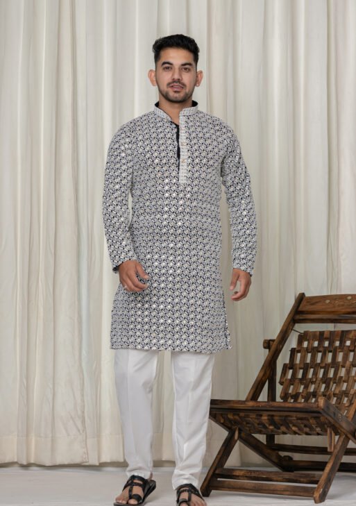 Men's Black & White Jacquard Designer Kurta with White Pajama