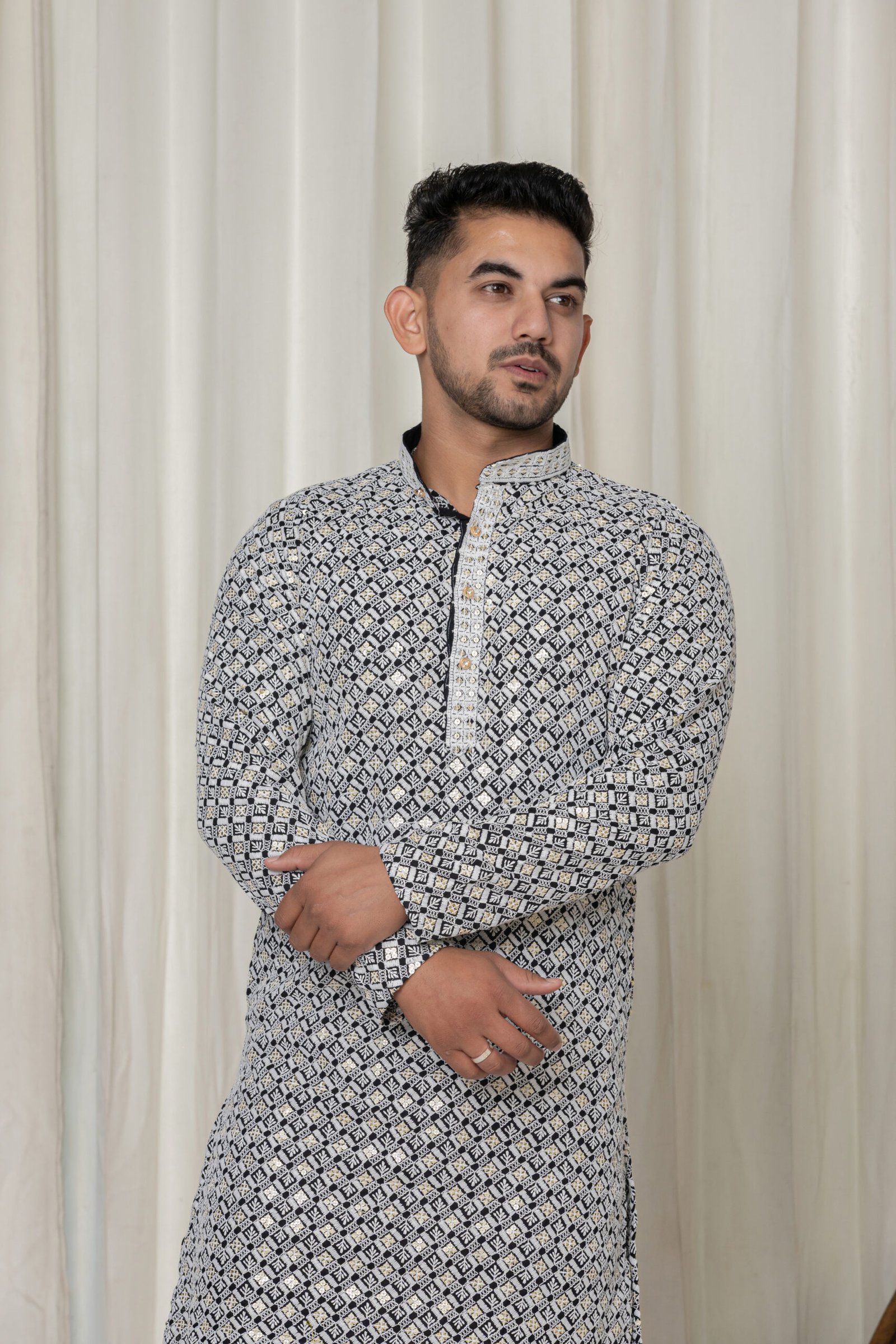 Men's Black & White Jacquard Designer Kurta with White Pajama