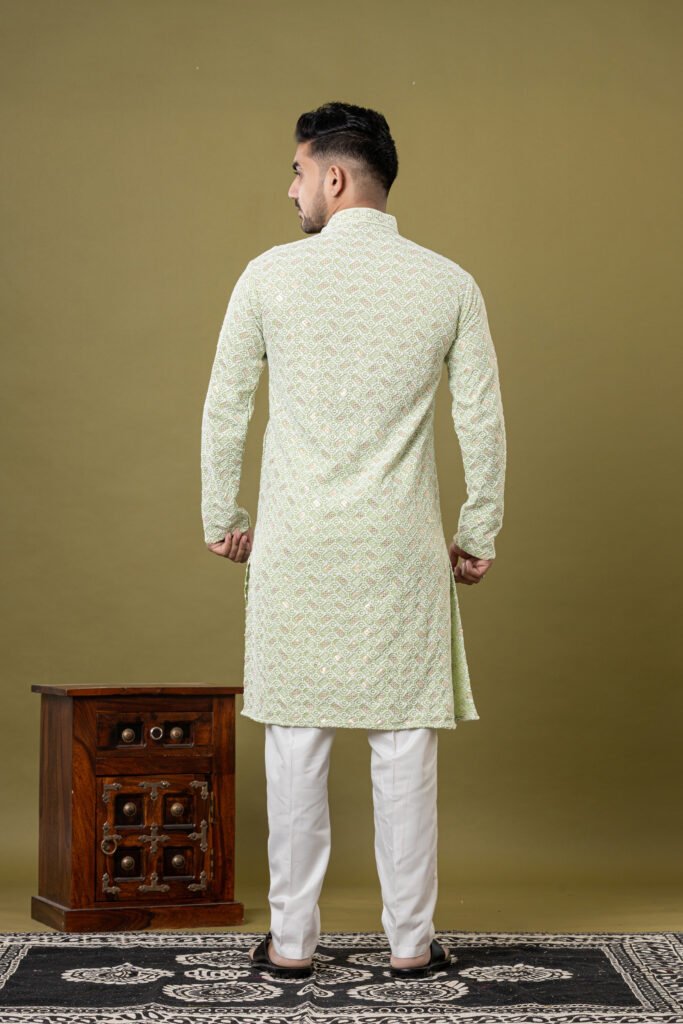 Men's Light Green Self-Jacquard Kurta with White Pajama