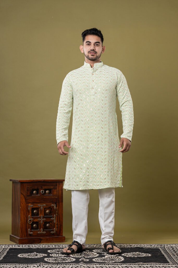 Men's Light Green Self-Jacquard Kurta with White Pajama
