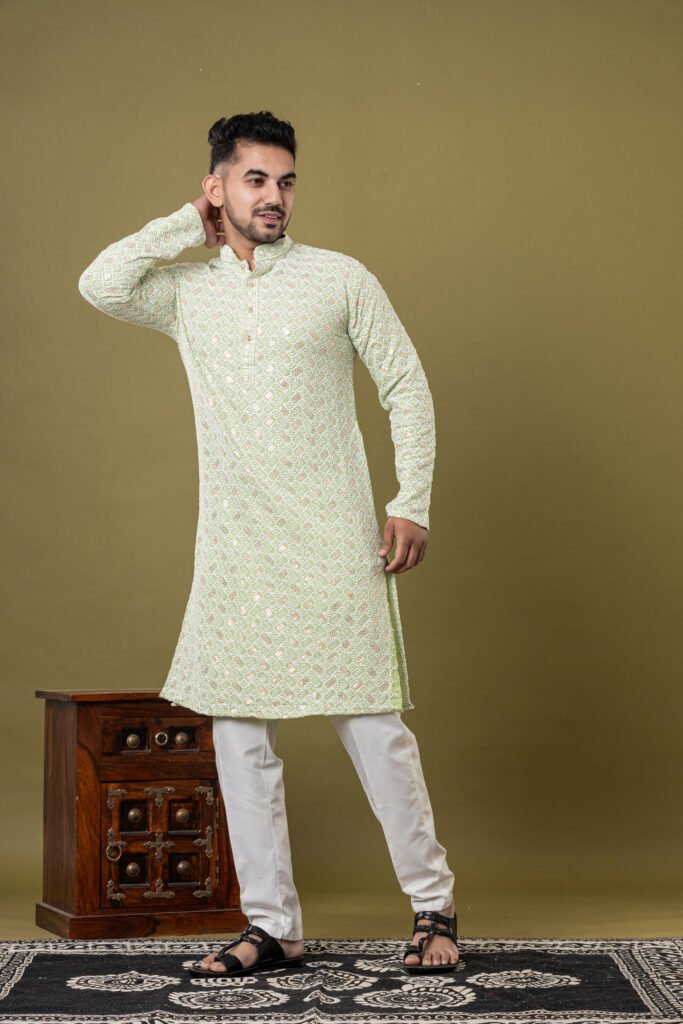 Men's Light Green Self-Jacquard Kurta with White Pajama