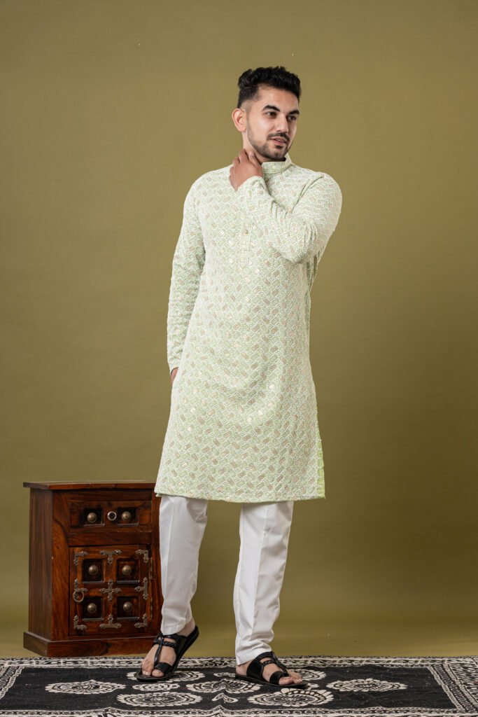 Men's Light Green Self-Jacquard Kurta with White Pajama