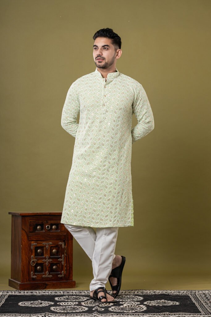 Men's Light Green Self-Jacquard Kurta with White Pajama