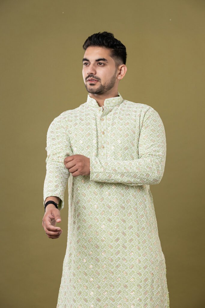 Men's Light Green Self-Jacquard Kurta with White Pajama