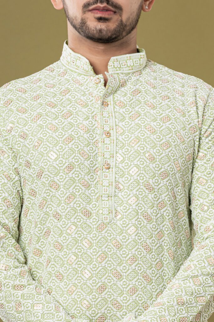 Men's Light Green Self-Jacquard Kurta with White Pajama