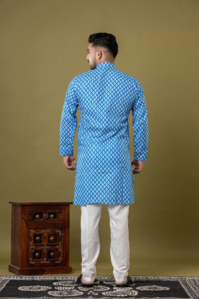 Men's Blue & White Ikat Print Cotton Kurta with White Pajama